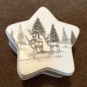 Winter star shaped covered dish. Deer and Christmas tree scene